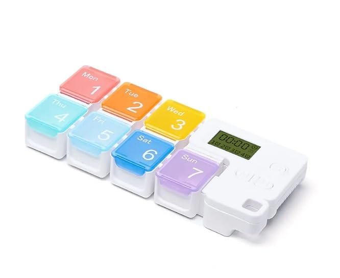 7 Days Pill Dispenser Organizer with Reminder Alarm | Portable Travel Vitamins Medicine Box Case, Portable, BPA-Free, Moisture-Proof Pill Holder | Compact Travel Pill Dispenser for Health Routine and customised alarm (Rainbo)