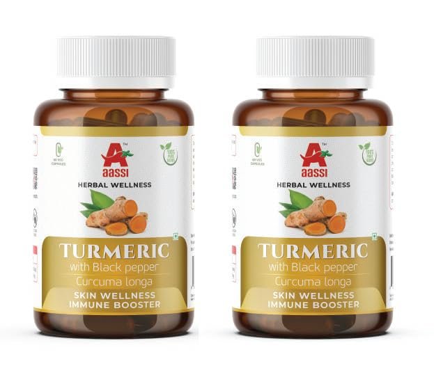 AASSI Turmeric with Black Pepper Capsules | Skin Wellness & Immune Booster | Curcuma Longa & Piperine for Absorption | Anti-Inflammatory, Detox | 60 Veg Capsules | Herbal Immunity Support (Pack of 2)