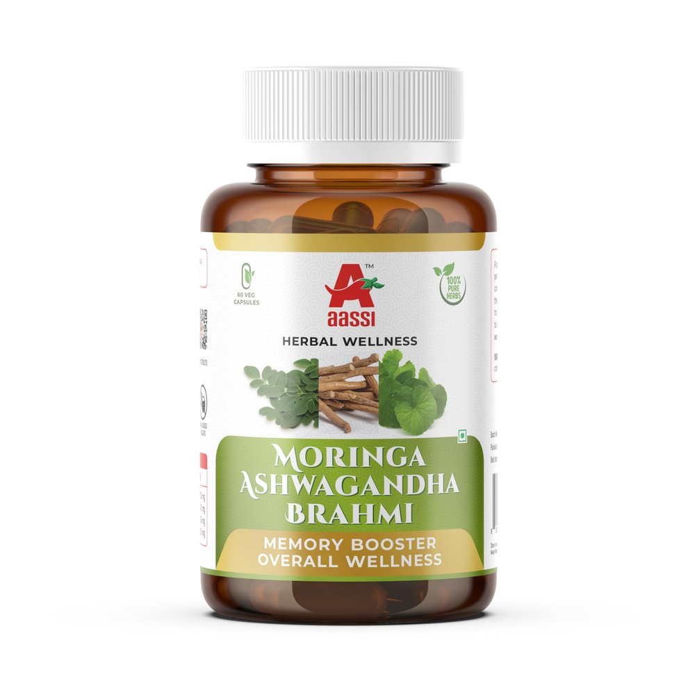 AASSI Moringa Ashwagandha Brahmi Capsules | Memory Booster & Overall Wellness | 60 Veg Capsules | 100% Pure Herbs | Ayurvedic Supplemen