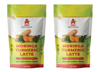AASSI Herbal Wellness Moringa Turmeric Latte | 100% Natural Herbal Blend for Immunity & Wellness | Superfood with Curcumin | Caffeine-Free Health Drink | 100g (Pack of 2)