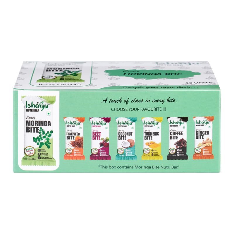 ISHAYU | Moringa Leaves Bite  Plant-Based Snack with Fresh Dried Moringa Leaves, Protein rich Peanuts and Natural Ingredients | No Added Preservatives and Colors | Ready-to-Eat Herbal Bites | Family Pack | 20gx10 (pack of 10)