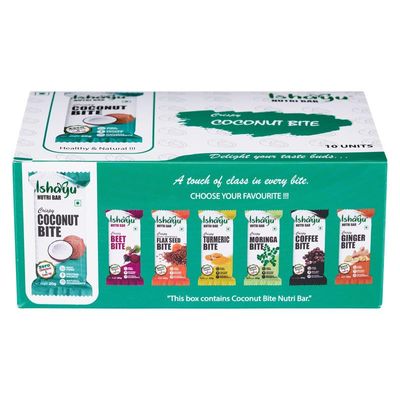 ISHAYU | Coconut Bites  Ready-to-Eat Snack with Shredded Coconut, Protein rich Peanuts and Natural Ingredients | No Added Preservatives and Colors | Plant-Based Snack Made with Natural Ingredients | Family Pack | 20gx10 (pack of 10)