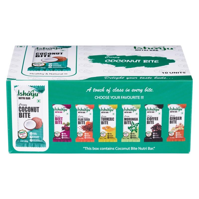 ISHAYU | Coconut Bites  Ready-to-Eat Snack with Shredded Coconut, Protein rich Peanuts and Natural Ingredients | No Added Preservatives and Colors | Plant-Based Snack Made with Natural Ingredients | Family Pack | 20gx10 (pack of 10)