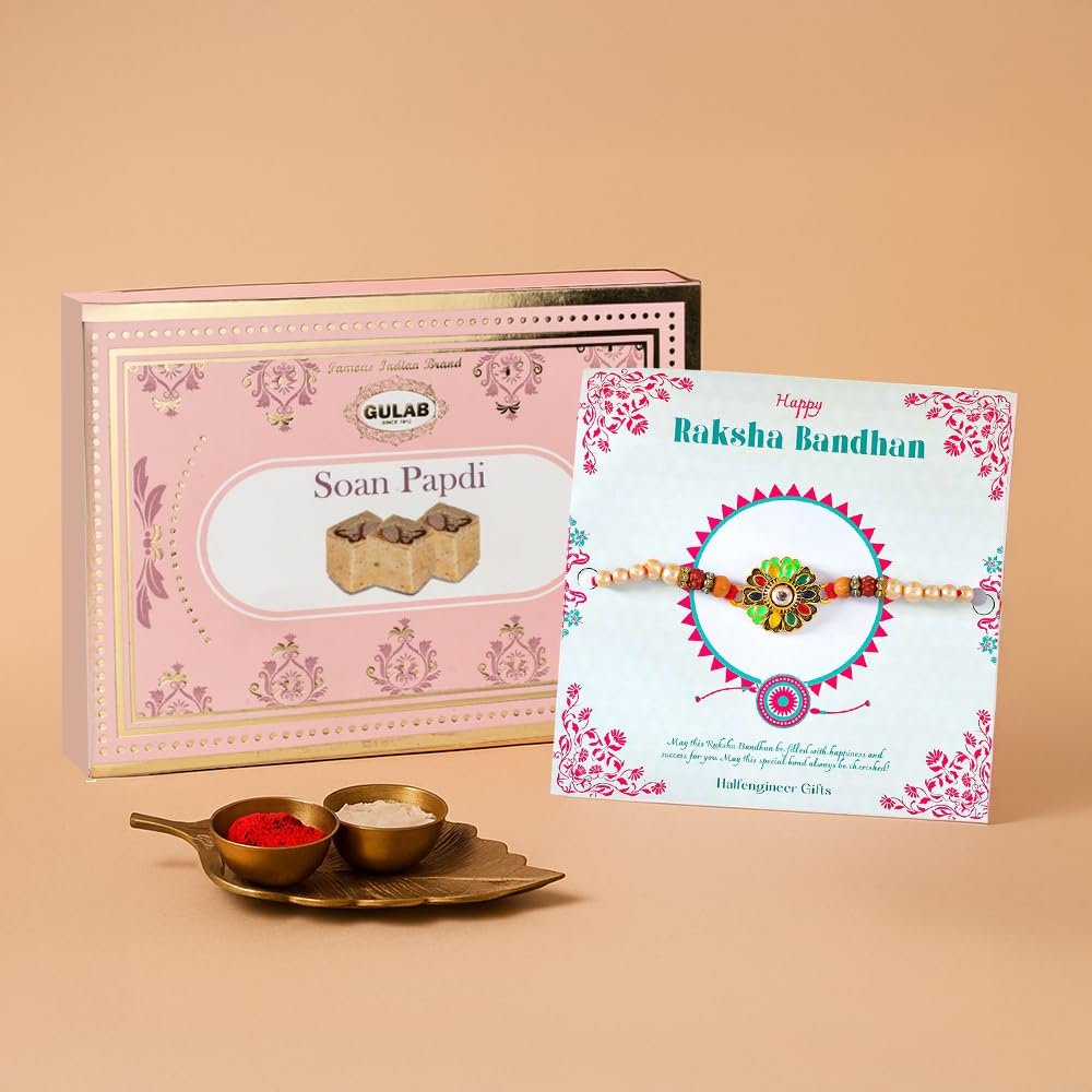 Half Engineer Floral Meenakari Rakhi with Sonapapdi Sweets Rakshabandhan Gift For Brother|Soan Papdi 200gm|Gift For Bhai Litter Brother Sister Kids