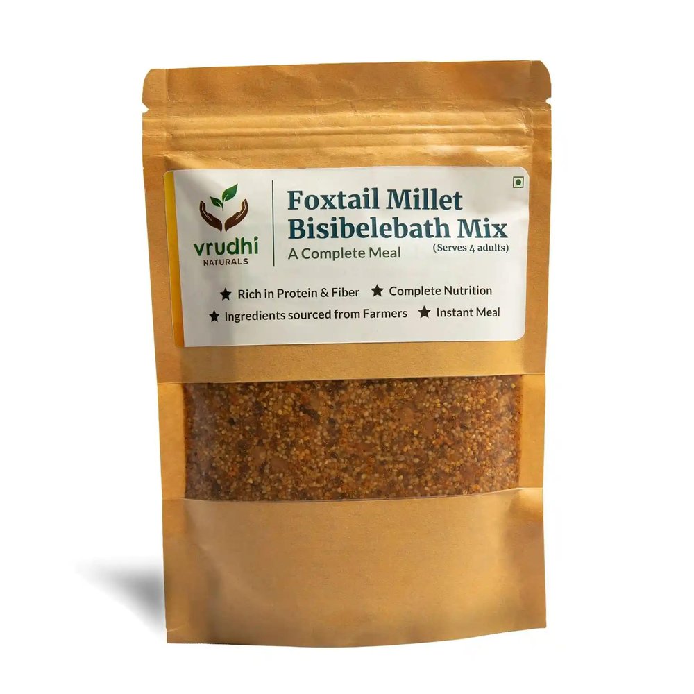 Vrudhi Millet Bisibelebath Instant & Nutritious South Indian Meal | Energized Foxtail Millet, A2 Ghee, Cold-Pressed Groundnut Oil & Premium Spices | No Preservatives, No Palm Oil | 200g