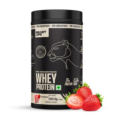 BeastLife Pro 100% Whey Protein Powder| 1 Lbs | Strawberry Flavor | Muscle Growth & Recovery|Fast Absorbing, No Bloating |Ultrasorb Tech For Fast Digestion|NABL Lab Certified | 24g Protein, 5.3g BCAA