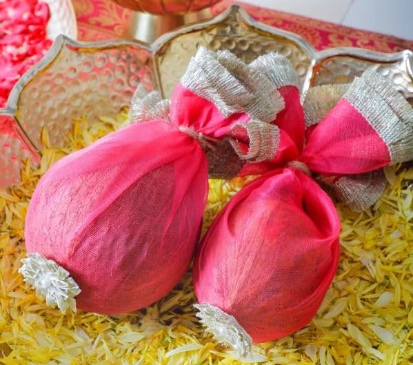 2-in-1 Decorative Thali & Nariyal Coconut Cover - Fancy Puja Plate & Coconut Wrap Potli | Pooja, Wedding, Festival Decor (Pink)