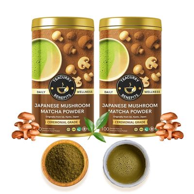 Teacurry Japanese Mushroom Matcha Latte - Uji Ceremonial Grade with Chaga, Lions Mane & Ganoderma - Helps in Energy, Detox - Just Add Water (25x2 Grams)