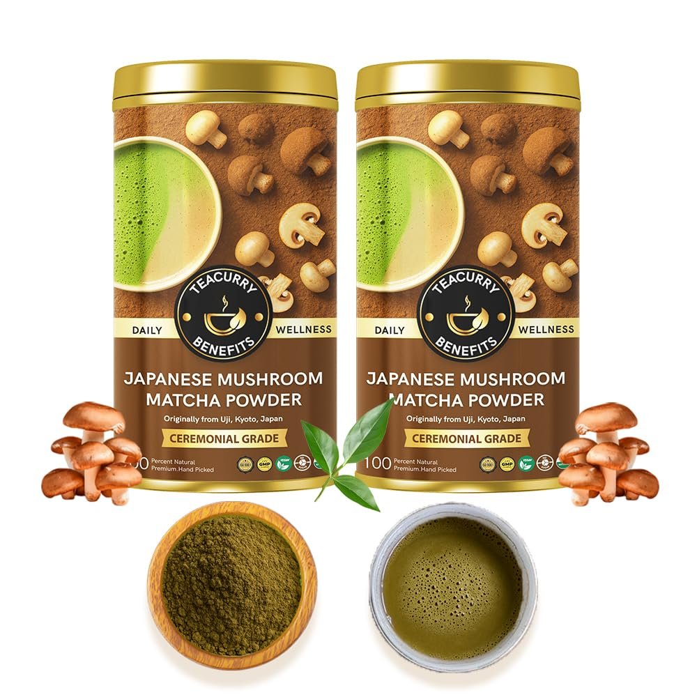Teacurry Japanese Mushroom Matcha Latte - Uji Ceremonial Grade with Chaga, Lions Mane & Ganoderma - Helps in Energy, Detox - Just Add Water (25x2 Grams)