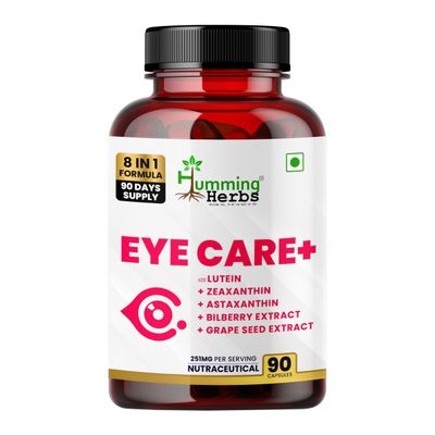 Humming Herbs Eye Care+ Supplement 8-in-1 with Lutein Zeaxanthin Astaxanthin Bilberry Grape Seed Zinc Vitamin C & Beta-Carotene Vision & Eye Health Support 90 Veg Capsules