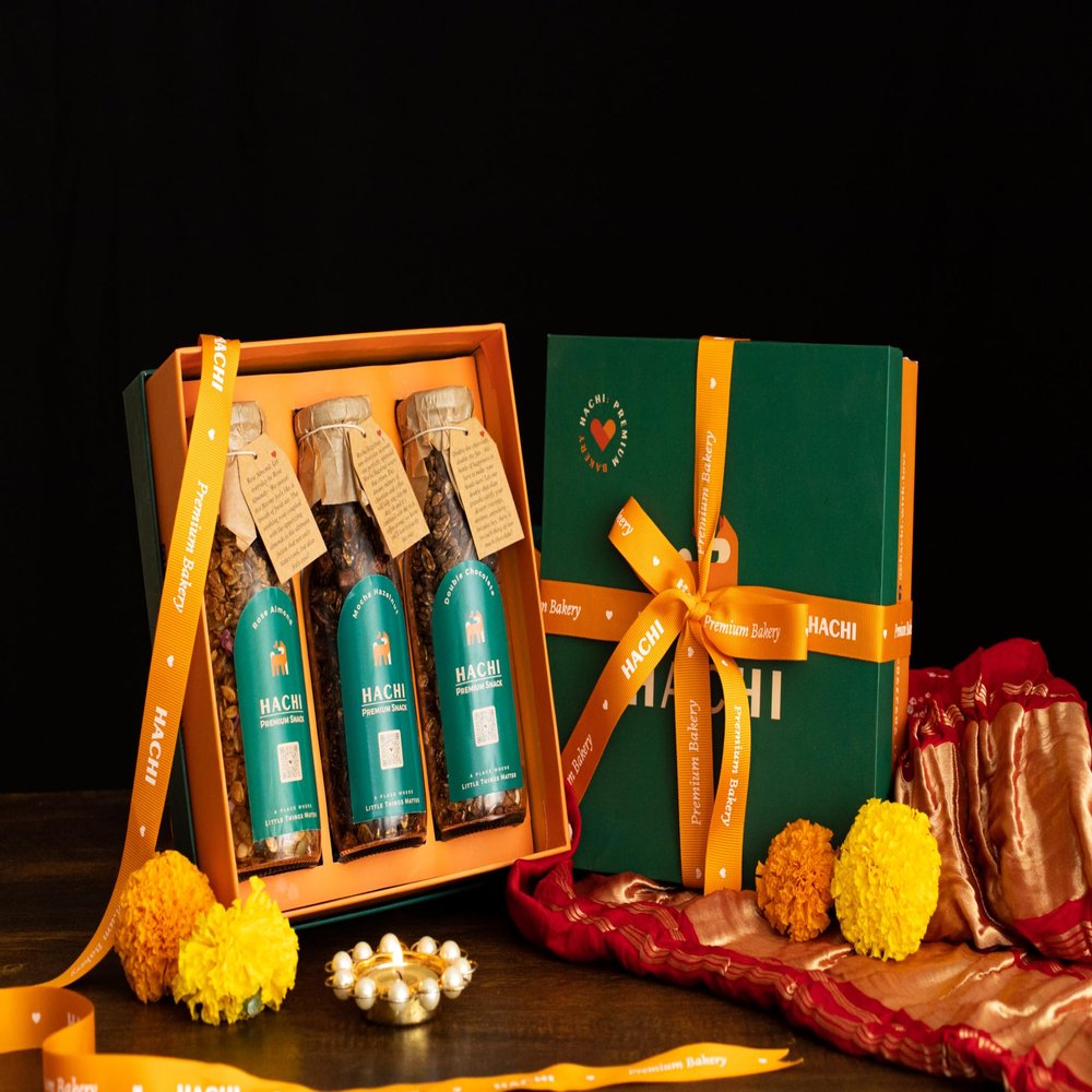 HACHI Granola Gift Box | Signature Gift Box for Rakhi | Rose Almond, Orange Hazelnut Dark Chocolate & Double Chocolate | Wholesome Snack Rakshabandhan Gift | Pack of 3 | 150g Each