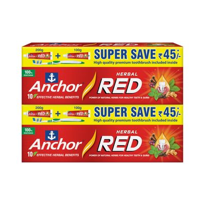 Anchor Herbal Red Toothpaste - 300g Family Pack with Toothbrush | Pack of 2 | 6 Herbal Ingredients | Provides 10 Effective Benefits with Strong Teeth, Fresh Breath & Protected Gums