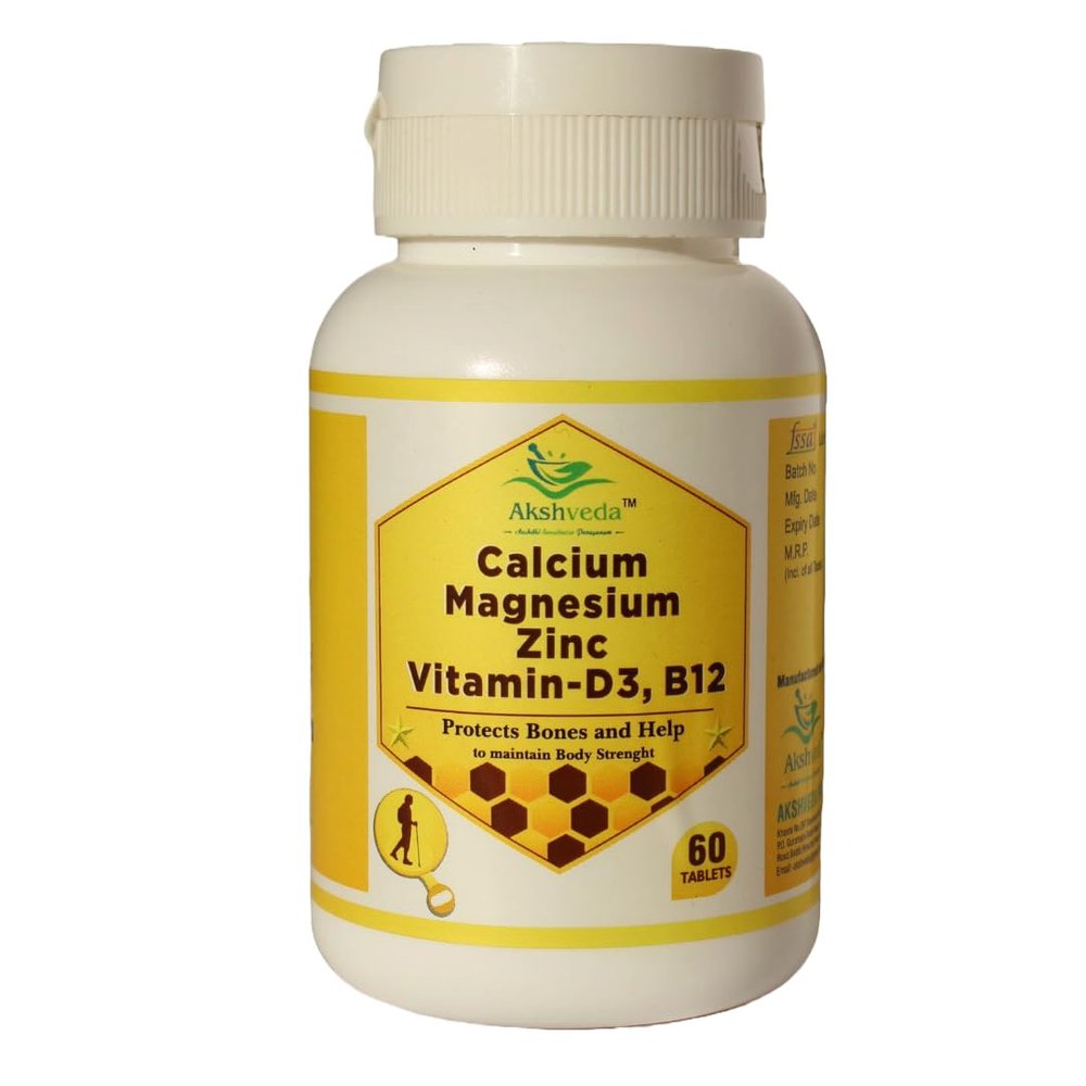 AKSHVEDA Calcium Supplement Each serving contains 1000mg Calcium with added Vitamin D, Magnesium, Zinc & B12. Designed to support daily nutritional needs for bone and muscle health in adults. 60 Tablets per bottle.