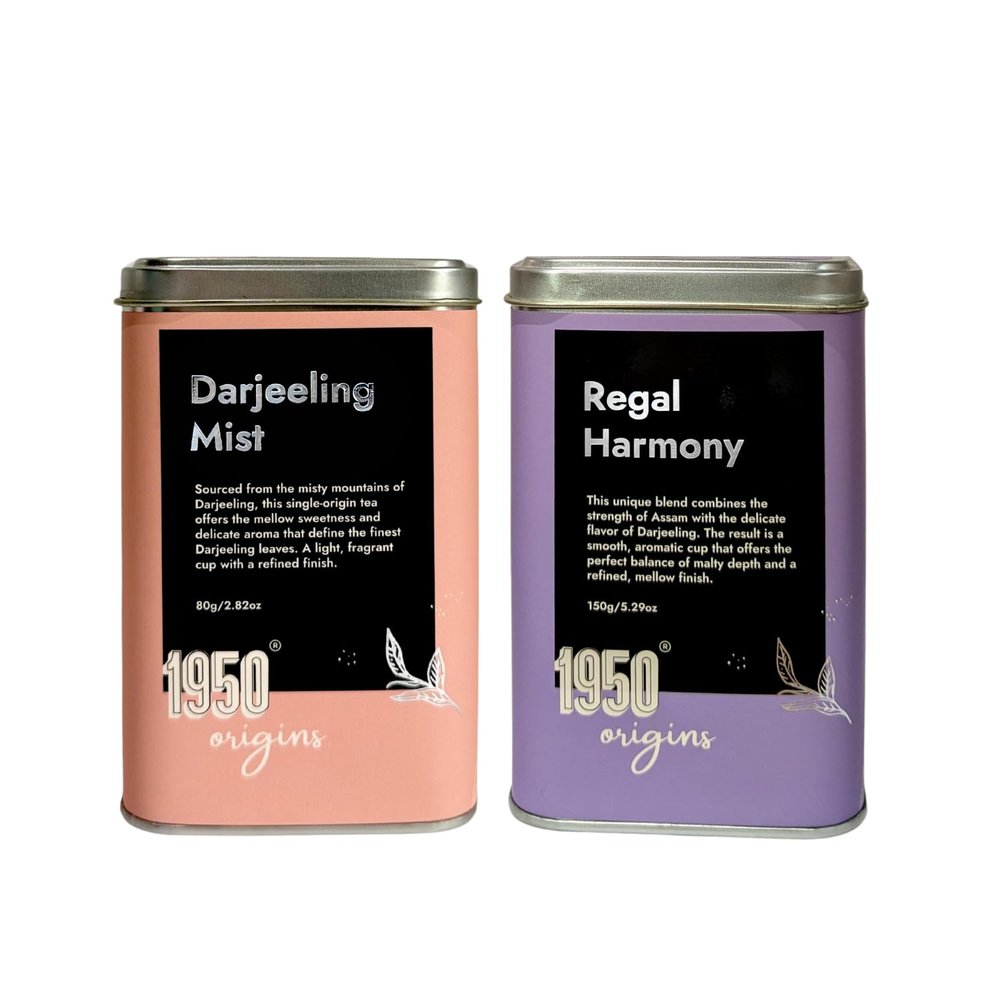 1950 origins Premium Loose Leaf Tea Combo | Darjeeling Mist (80g) & Regal Harmony Assam-Darjeeling Blend (150g) | 100% Natural | Whole Long Leaf & CTC Tea | Aromatic, Fresh & Pure Leaf