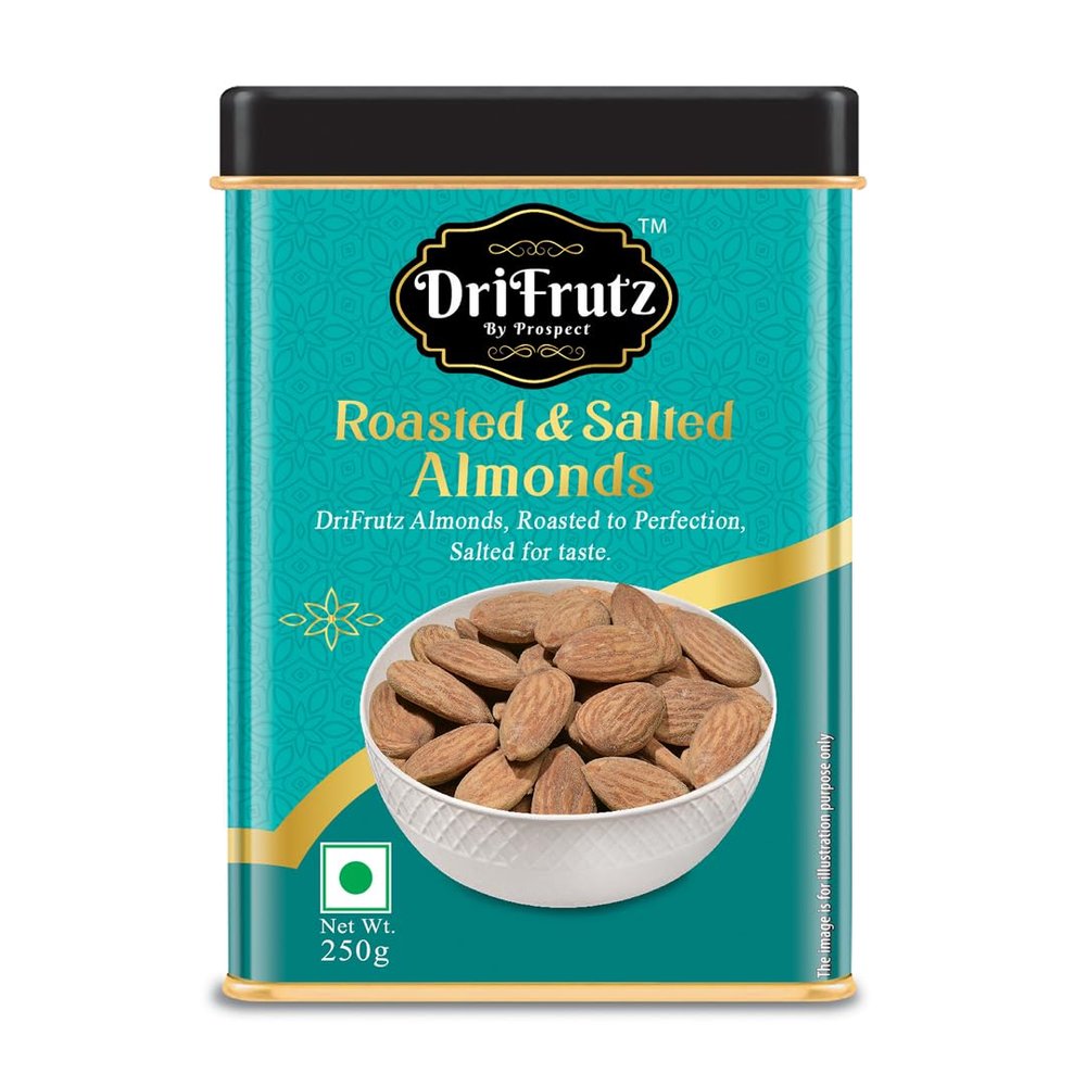 DRIFRUTZ Roasted & Salted Almonds | 250g Tin Pack | Crunchy Whole Almonds | Gently Roasted with a Hint of Salt for Nut Bowls, Smart Snacking, and Daily Energy Support