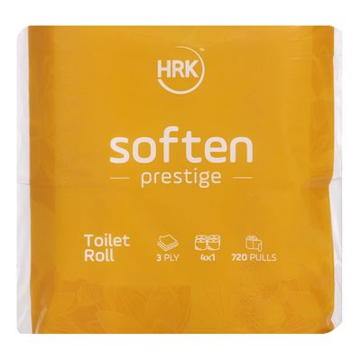 HRK SOFTEN PrestigeToilet Paper/Tissues Rolls, 3 Ply, Pack of 4 Rolls, (2880 Pulls) Ultra-Soft, Highly Absorbent Tissue | Compatible with All Dispensers | Ideal for Home, Office & Restaurant Use