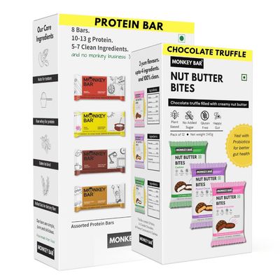 MONKEY BAR - CLEAN SNACK COMBO - Protein Bars + Nut Butter Bites | High Protein, 100% Clean, No Added Sugar, Wholesome, Healthy Snacking | Chocolate Truffle, Snack Bar