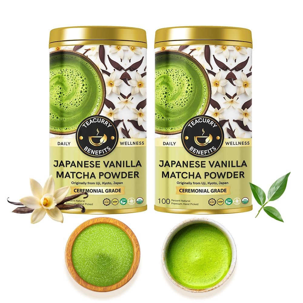 Teacurry Japanese Vanilla Matcha Powder - Brew Instant Matcha Latte - Ceremonial Grade from Uji with Real Vanilla Powder - Helps with Energy, Mood & Weight (50 Grams)