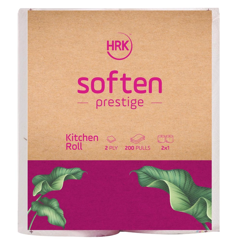 HRK SOFTEN Prestige Kitchen Towel Rolls 2 Ply, Pack of 2 Rolls, 20X20 CM, 200 Sheets, Tissue/Towel Paper Roll soft and highly absorbent |Food Safe & Chemical Free Tissue Papers
