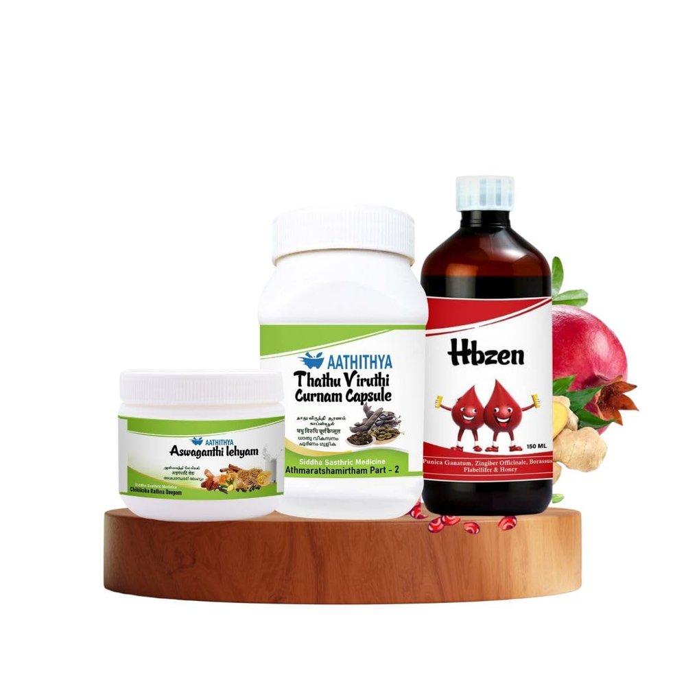 [Aathithya Herbals] Ayurvedic Kit for Anemia  Hbzen Syrup 150ml, Ashwagandhathi Lehyam 100g & Thathuviruthi Curnam 75g | Boost Haemoglobin, Strength, fatigue, dizziness, Sleeplessness & Anxiety