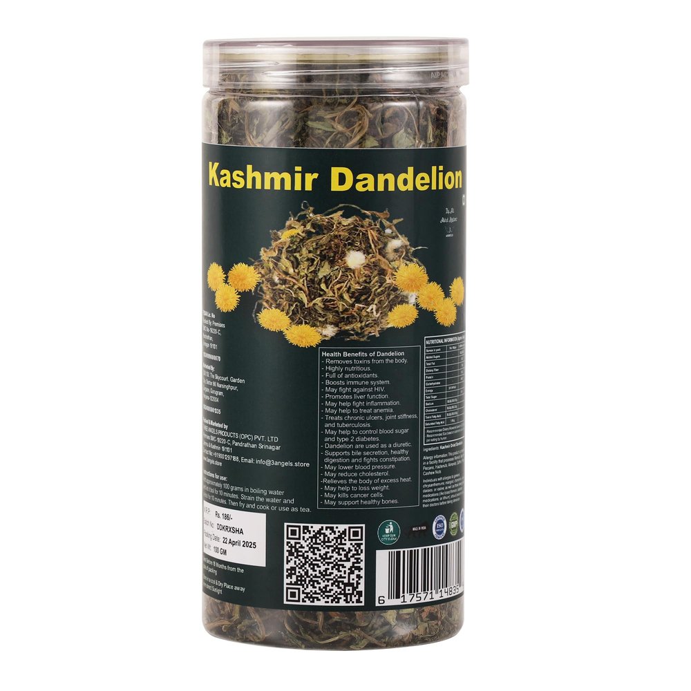 3Angels Kashmir Dandelion Natural Dried Herb | Herbal Detox Tea | Sun Dried Dandelion | Supports Liver Health & Digestion | Organic Wellness Herb (100 gm)