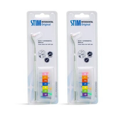 STIM Interdental Original Brush Refillable Metal Handle + 7 ColorCoded ISO Heads (Sizes 07) | Deep Clean Between Implants, Crowns & Teeth (Pack of 2)