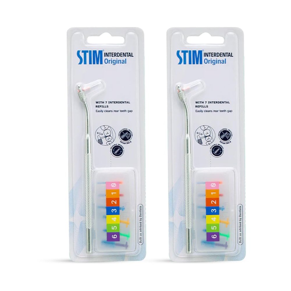 STIM Interdental Original Brush Refillable Metal Handle + 7 ColorCoded ISO Heads (Sizes 07) | Deep Clean Between Implants, Crowns & Teeth (Pack of 2)