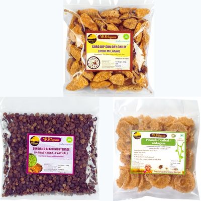 Ikkiyam Combo of Sun-Dried Mor Milagai Vathal, Manathakkali (Black Nightshade) Vathal & Pirandai Vathal | Curd Chilli, Solanum Nigrum & Hadjod Crisps | 300g | Homemade South Indian Traditional Snacks