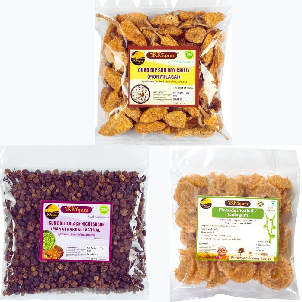 Ikkiyam Combo of Sun-Dried Mor Milagai Vathal, Manathakkali (Black Nightshade) Vathal & Pirandai Vathal | Curd Chilli, Solanum Nigrum & Hadjod Crisps | 300g | Homemade South Indian Traditional Snacks
