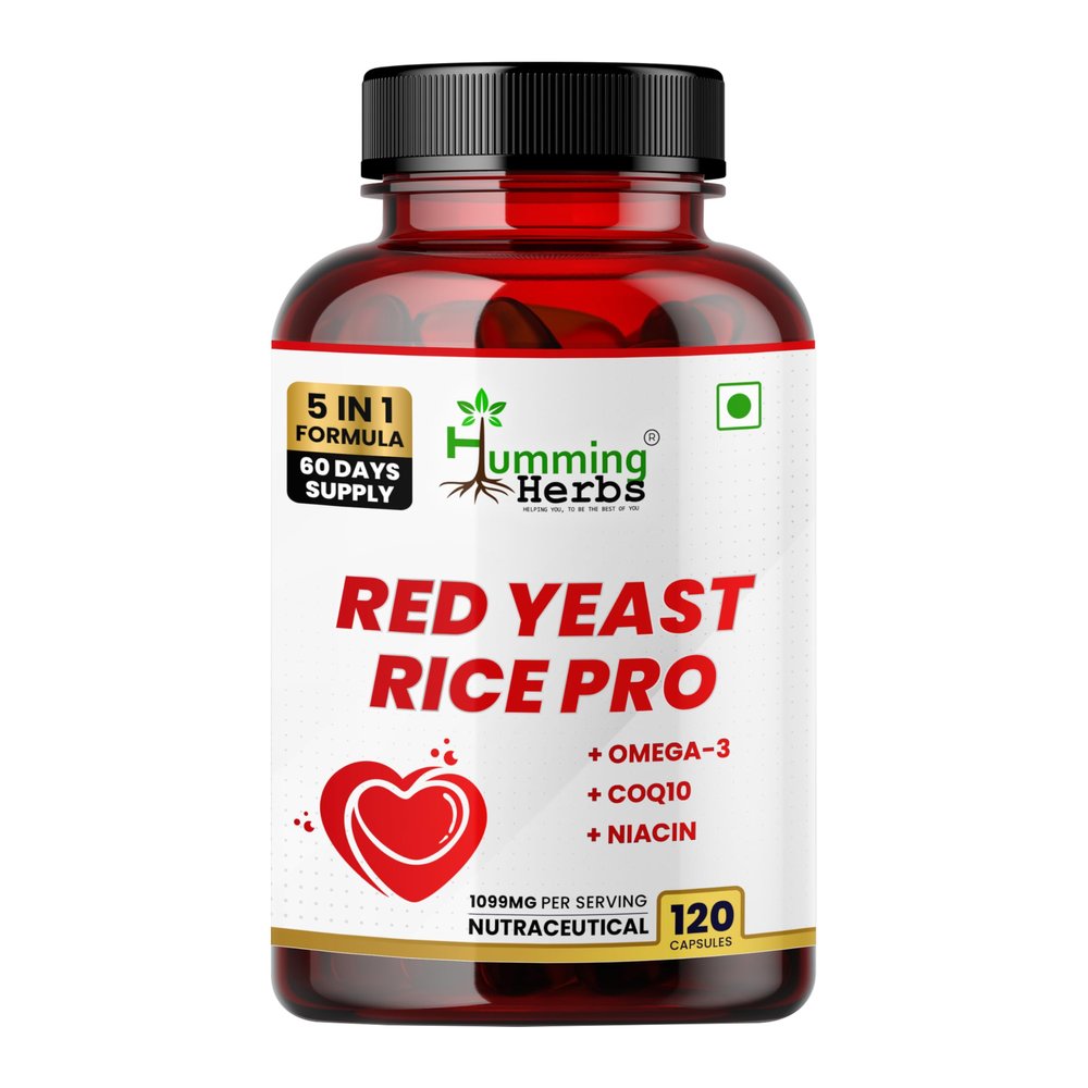 Humming Herbs Red Yeast Rice Pro 5-in-1 Supplement | Red Yeast Rice, Omega-3 (EPA/DHA), CoQ10, Niacin (Nicotinamide), ALA | 120 Veg Capsules | 60 Day Supply