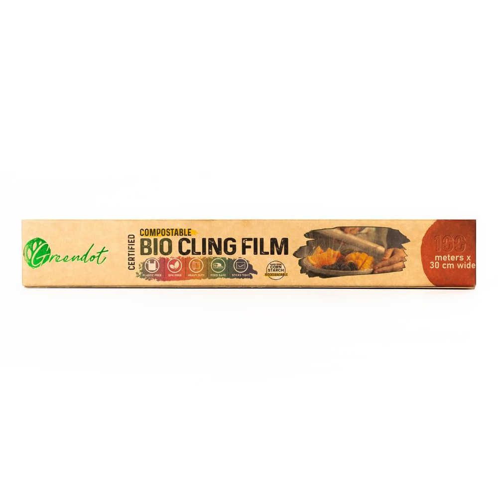 GREENDOT BIOPAK Biodegradable & Compostable Bio Cling Film Wrap (100m x 30cm), Made from Corn Starch, Ideal for Food Storage & Packing, Plastic-Free, BPA-Free, Food-Safe Multipurpose Food Cling Film