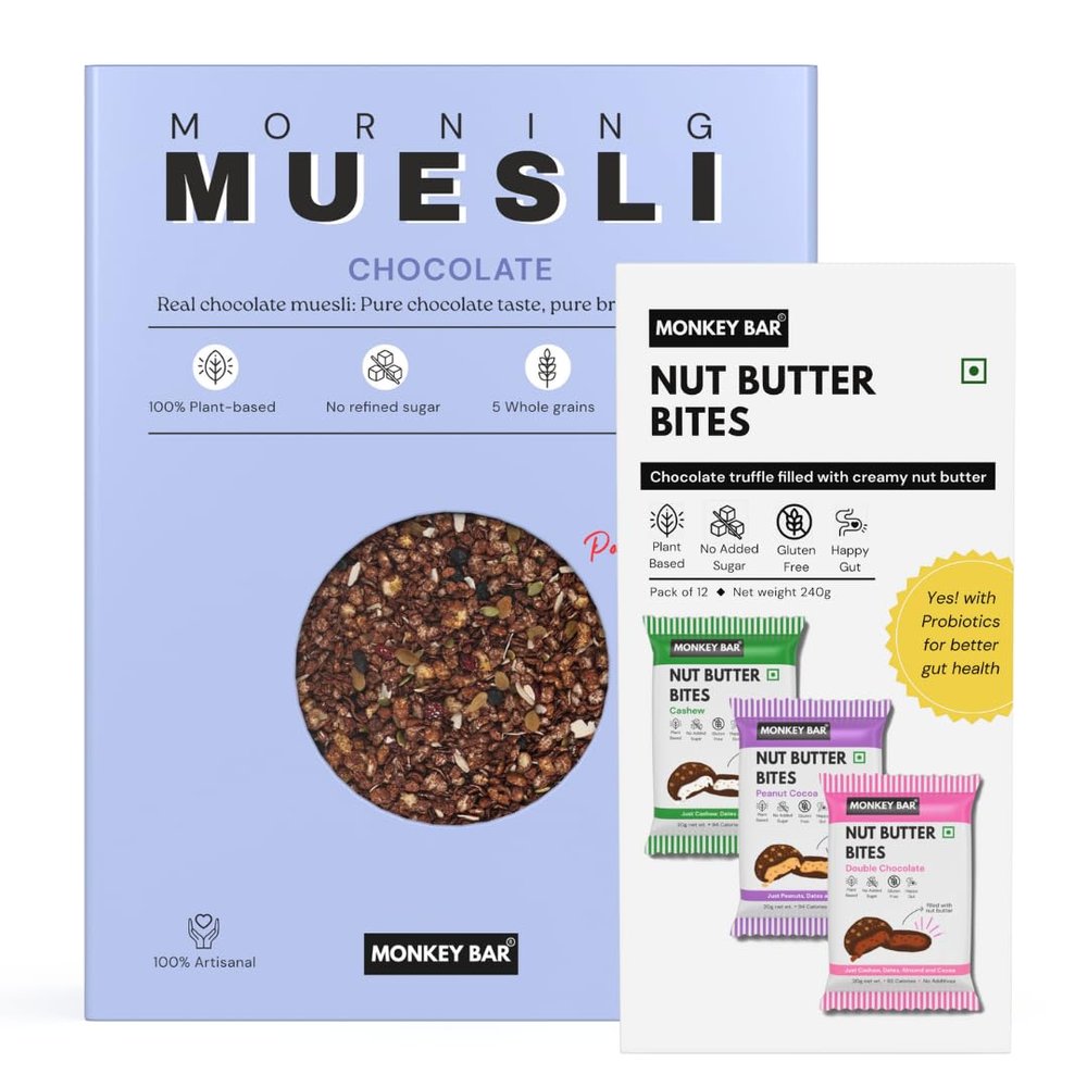 MONKEY BAR - BREAKFAST COMBO PACK - Chocolate Muesli + Nut Butter Bites | Healthy Breakfast, 100% Clean, Snack, No Refined Sugar, Wholesome, Nutritious | Chocolate Truffle, Granola