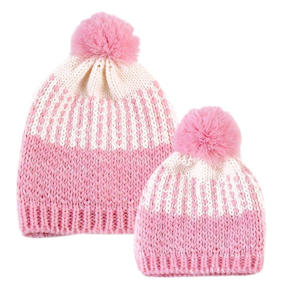 ELBME Winter Stylish Warm Novelty Mom+Baby Knitted Pom Bobble Hat Cap Pink