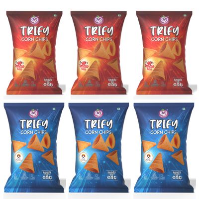 Yummylov Trify Corn Chips Combo | 2 Flavours Tomato Bliss & Indian Masala | 3 Pouches Each (Total 6 Packs, 360g) | Crunchy, Flavourful Corn Snack for Anytime Munching