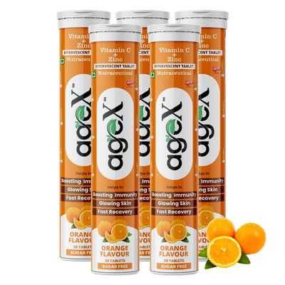 AgeX Vitamin C + Zinc Effervescent Tablets | 1000mg Natural Amla Extract | Immunity Booster for Skin, Hair & Nails | Supports Collagen, Hydration & Energy | Orange Flavour Sugar-Free | 100 Tablets (Pack of 5)