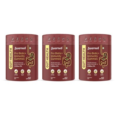 Swarneo Gut Health Gummies | Pack Of 3 | Pro Biotic + Immunity Gummies|30 Gummy| 2 Billion CFU | Improve Gut Health, Immune Support, Healthy Digestion | Soy free, Gluten Free, Dairy Free, Vegan| Clinically Tested Strain| Orange Flavour|