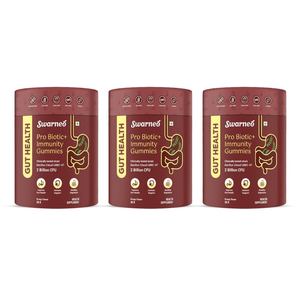 Swarneo Gut Health Gummies | Pack Of 3 | Pro Biotic + Immunity Gummies|30 Gummy| 2 Billion CFU | Improve Gut Health, Immune Support, Healthy Digestion | Soy free, Gluten Free, Dairy Free, Vegan| Clinically Tested Strain| Orange Flavour|