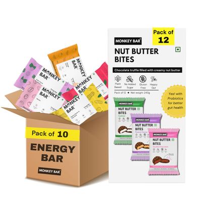 MONKEY BAR - VEGAN SNACK COMBO - Energy Bars + Nut Butter Bites | 10 Snack Bars, 12 Chocolate Truffle, 100% Plant based, Healthy & Clean Protein Snack, Zero Added Sugar