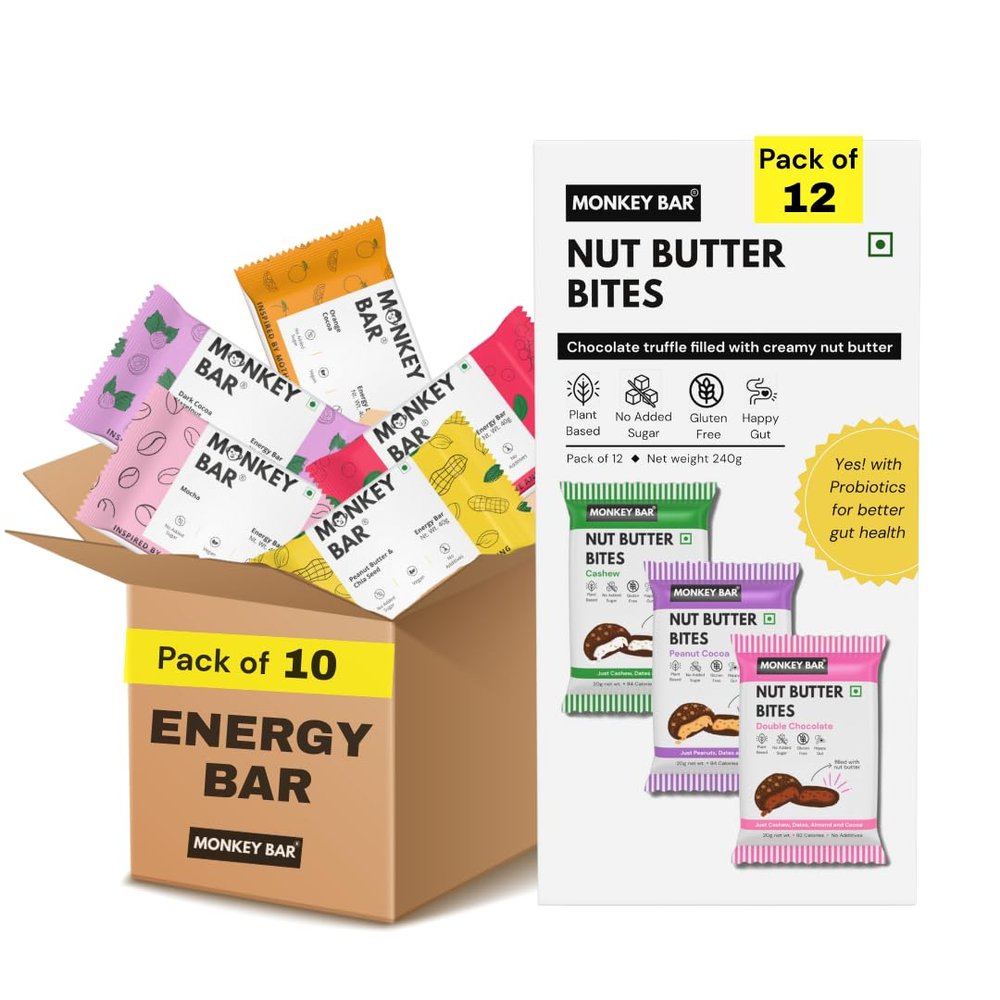 MONKEY BAR - VEGAN SNACK COMBO - Energy Bars + Nut Butter Bites | 10 Snack Bars, 12 Chocolate Truffle, 100% Plant based, Healthy & Clean Protein Snack, Zero Added Sugar