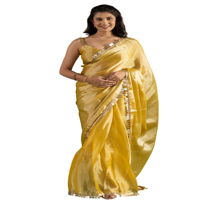 Akaabo Pure Chiffon Women's Ready to Wear One Minute Saree with Unstitched Blouse Piece | Lightweight Saree for Party (Yellow)