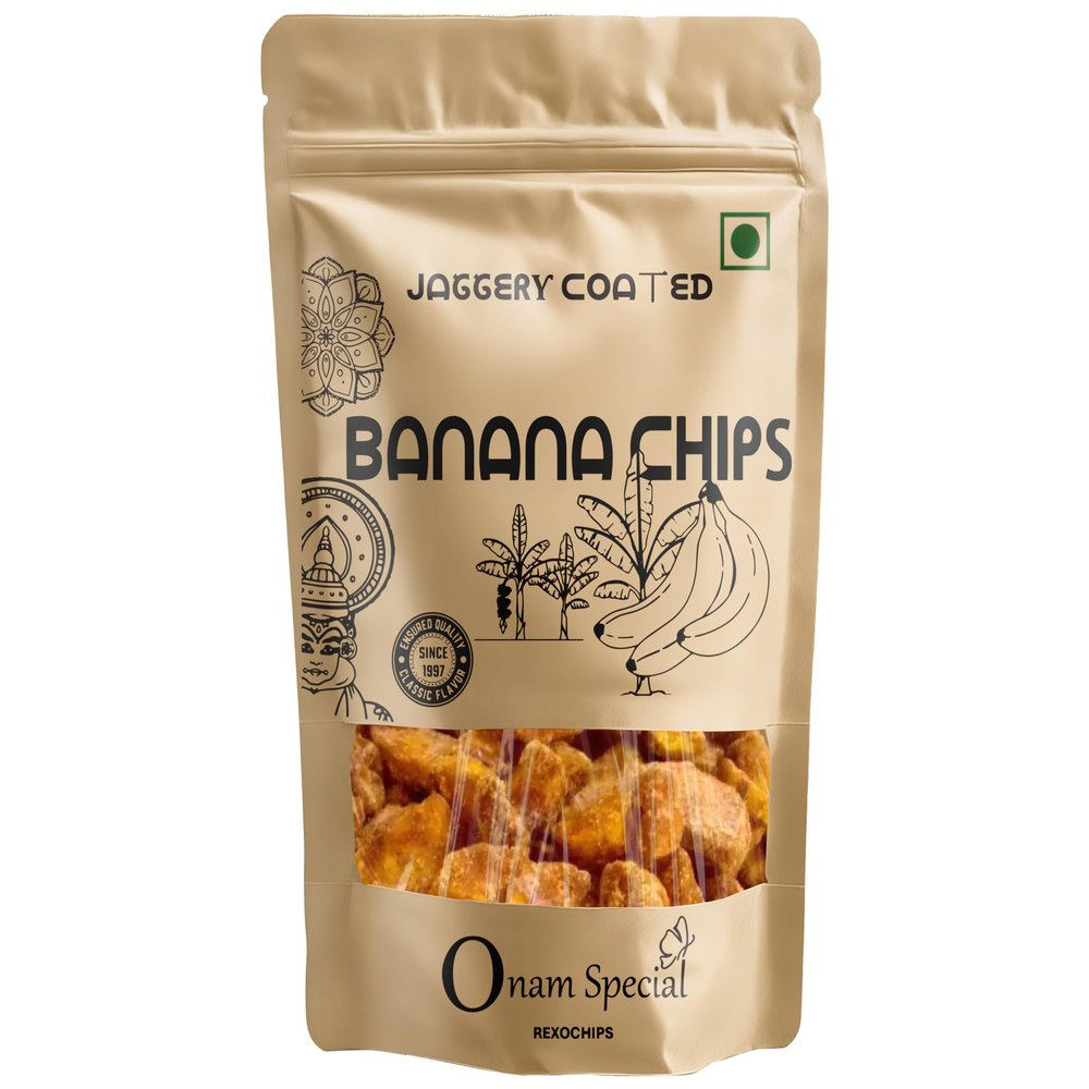 Rexochips - Premium Kerala Jaggery coated Banana Chips ||sarkara varatti |Gluten Free| Natural Crunchy Crackers |Vegetarian| non GMO |Best Teatime Snacks| High In Fiber |Calcium Rich - 300 Gm