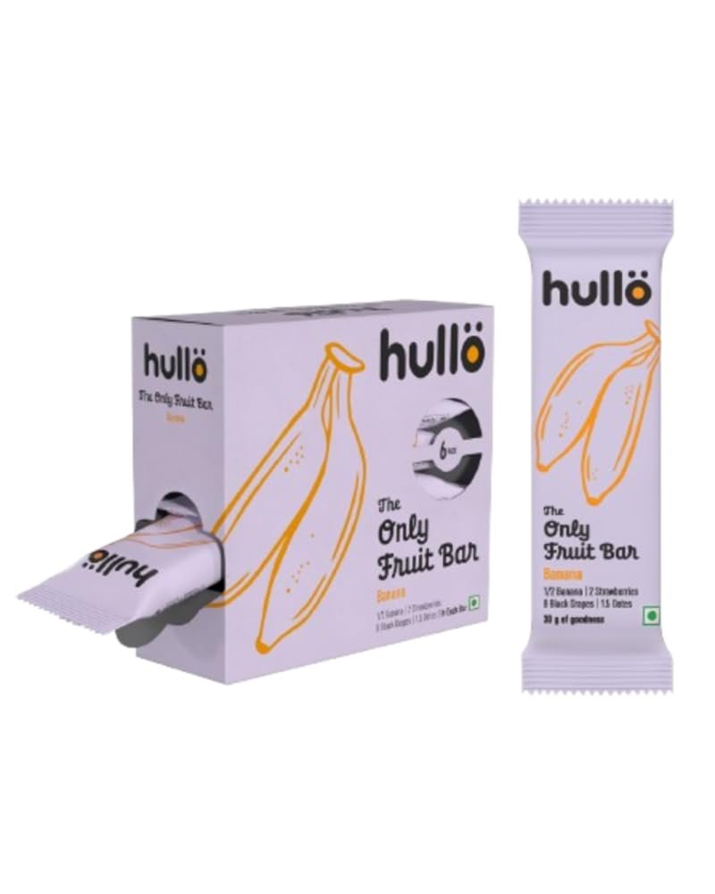 Hullo The Only Fruit Bar - Banana (Pack of 6 x 30g) | Healthy Snack Bar for Kids & Adults | Instant Energy Bar No Added Sugar & No Preservatives | Made with Banana, Strawberry, Black Grapes & Dates