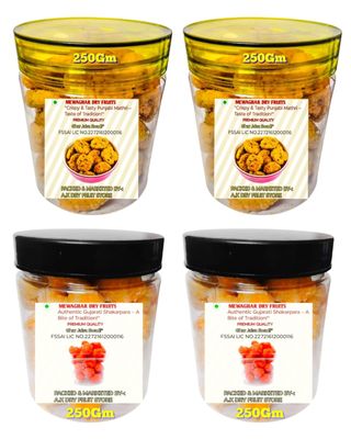 MEWAGHAR Punjabi Mathri & Gujarati Shakarpara Combo  4 Jars (250g x 4) | 500g Mathri + 500g Shakarpara | Sweet & Spicy Indian Snacks | Homemade Taste | Festive Namkeen Combo  1kg Total