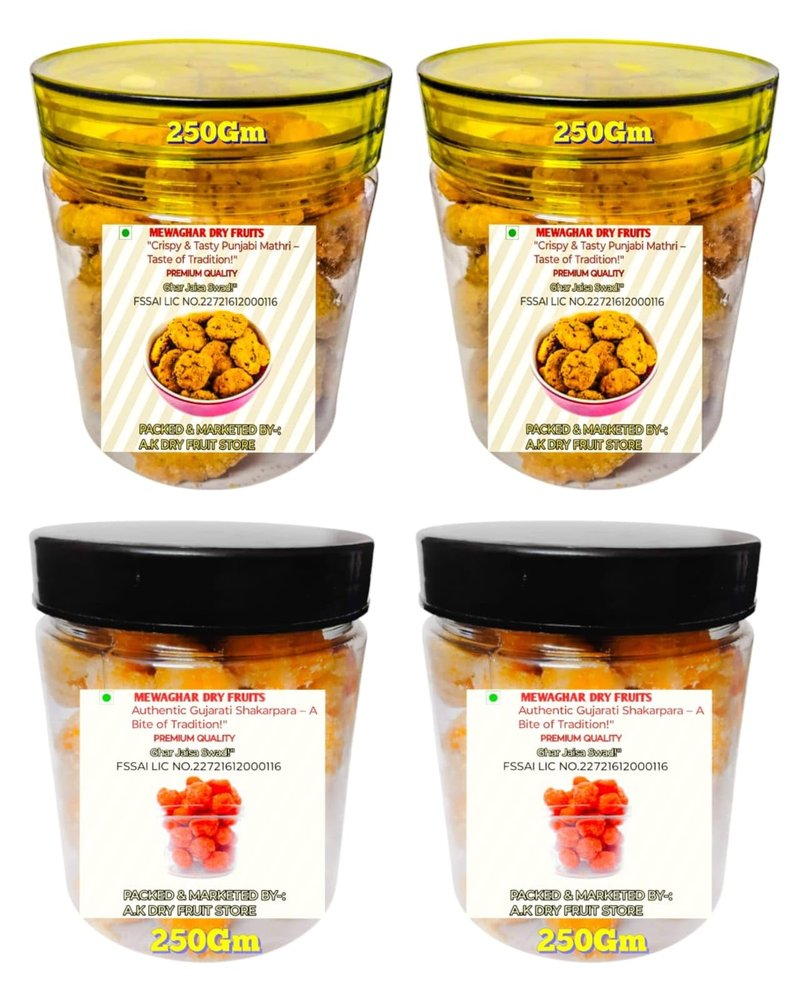 MEWAGHAR Punjabi Mathri & Gujarati Shakarpara Combo  4 Jars (250g x 4) | 500g Mathri + 500g Shakarpara | Sweet & Spicy Indian Snacks | Homemade Taste | Festive Namkeen Combo  1kg Total