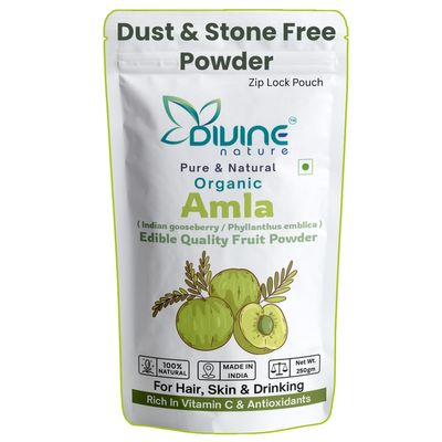 Divine Nature Pure Organic Amla Fruit Powder For Hair Growth | Indian Gooseberries Powder for Eating, Drinking, hair black and Skin - 250gm