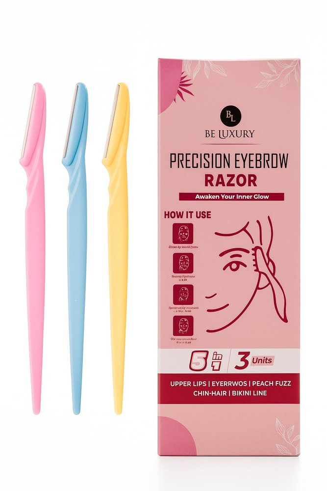 Be Luxury Precision Eyebrow Razor, 5-in-1 Multi-Use, Pack of 3, Pink Blue Yellow
