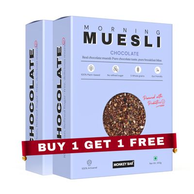 MONKEY BAR Chocolate Muesli - 350g X 2 (Buy 1 Get 1 Free) | Made with Pure Chocolate, Low Sugar, with Probiotics | Multigrain Millet Healthy Breakfast Cereal | Granola | No refined sugar