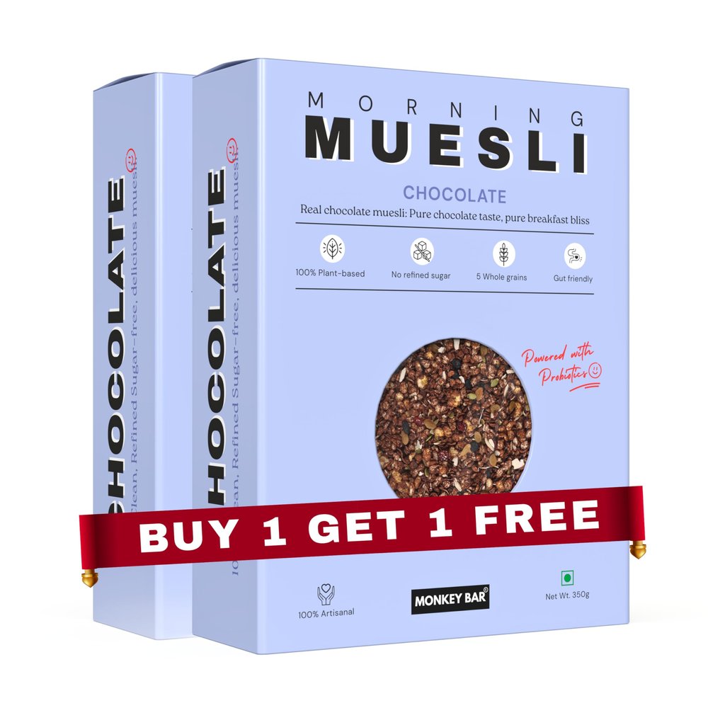 MONKEY BAR Chocolate Muesli - 350g X 2 (Buy 1 Get 1 Free) | Made with Pure Chocolate, Low Sugar, with Probiotics | Multigrain Millet Healthy Breakfast Cereal | Granola | No refined sugar