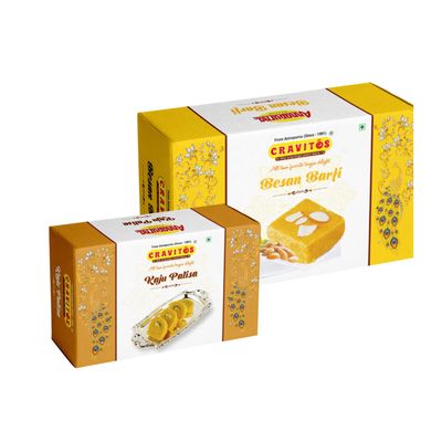 Cravitos Besan Barfi 200g & Kaju Patisa 150g | Traditional Indian Sweet | Indian Mithai | Rich Gram Flour Barfi & Crunchy Cashew Patisa | Festival Mithai | Sweet Gift Pack for Celebrations