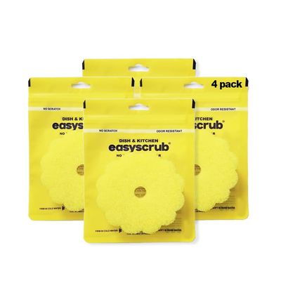 Easyscrub No Scratch Dish & Kitchen Sponge, Odor Resistant, Flower Shape Scrubber for Utensils & Cookware, Firm in Cold Water, Pack of 4 (Yellow)